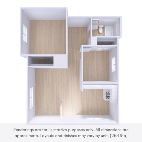 Floor plan for 2 beds, 1 bath, 950 sqft